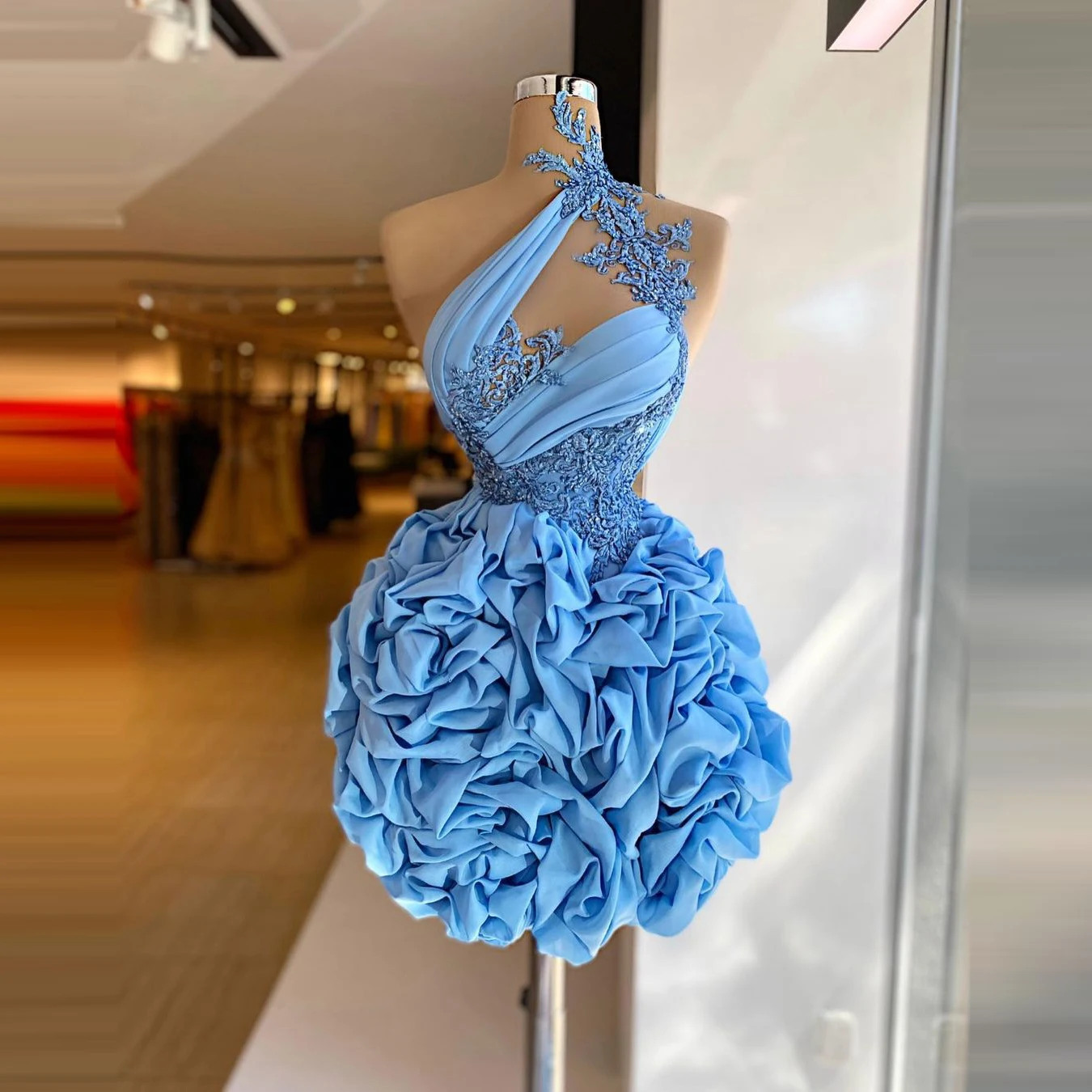

Blue Short Prom Party Dresses Ball Gowns Rufflea Satin One Shoulder Mini Length Women Pageant Evening Dress