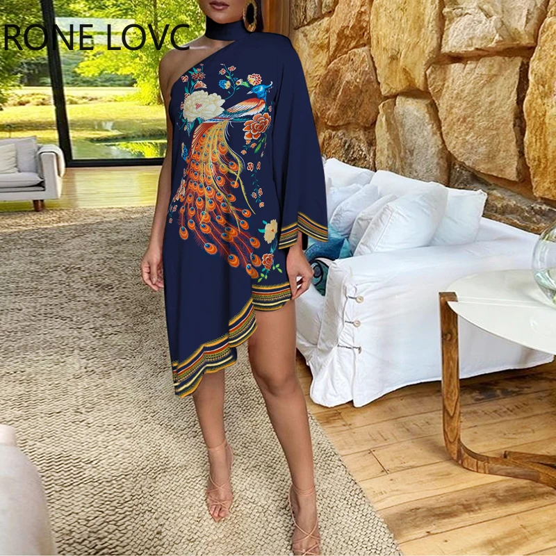 Женское платье на одно плечо с цветочным принтом павлина элегантное модное