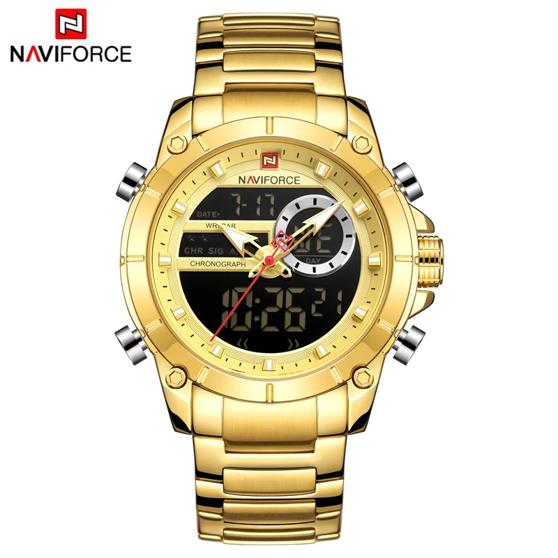 NAVIFORCE мужские часы Топ люксовый бренд мужские s Модные Аналоговые цифровой двойной дисплей часы мужские золотые деловые водонепроницаемые наручные часы - Цвет: G G