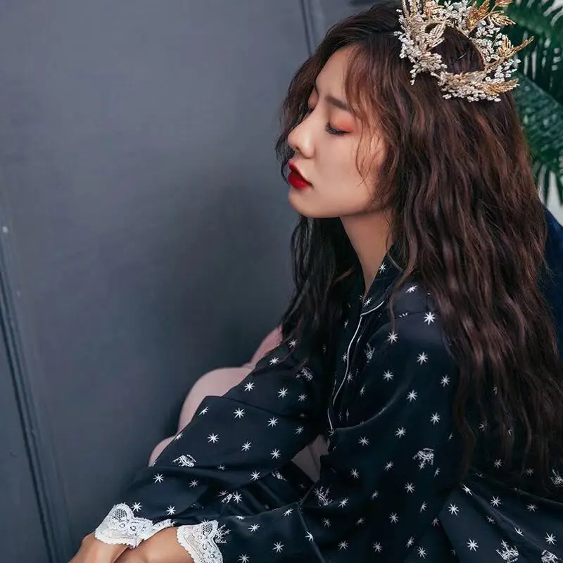 Новинка женская одежда для сна осенне-зимние пижамы с длинным рукавом шелковая