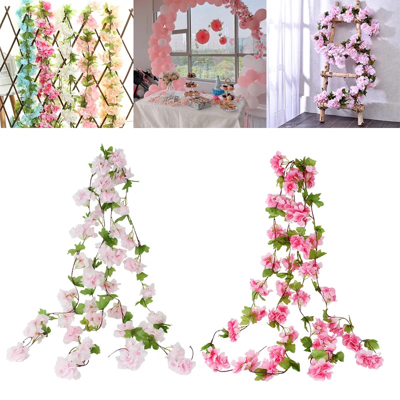225cm Artificial Silk Flower Vine Pretty Pink Cherry Blossom Rattan Green Leaves String Garland for Wedding Home Decoration | Дом и сад