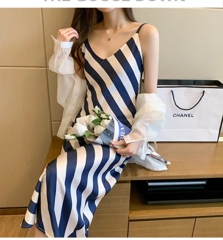 Реальная фотография 2021 французская Полосатая юбка на бретельках в иностранном