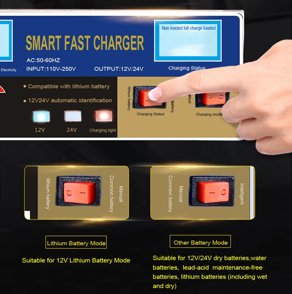 English LCD 400W Lead Acid Lithium Battery Charger for 12V 24V Car Motorcycle Truck Auto Motor Professional Power Charging