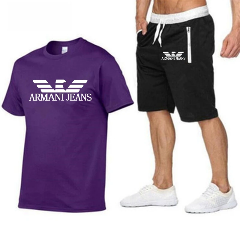 

2021 popular new brand printed cotton men's t-shirt + sports shorts suit high-quality pure cotton sports running t-shirt