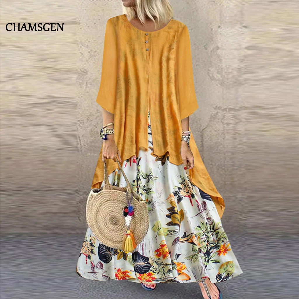 Женское платье с принтом в стиле ретро CHAMSGEND из двух частей круглым вырезом и