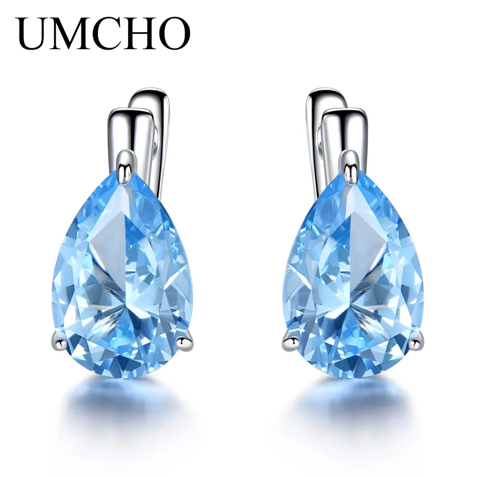 UMCHO, роскошные серьги-клипсы с нано-драгоценным камнем, голубой топаз, для женщин, 925 пробы, серебряные серьги-клипсы, серьги в форме капли воды, хорошее ювелирное изделие, подарок