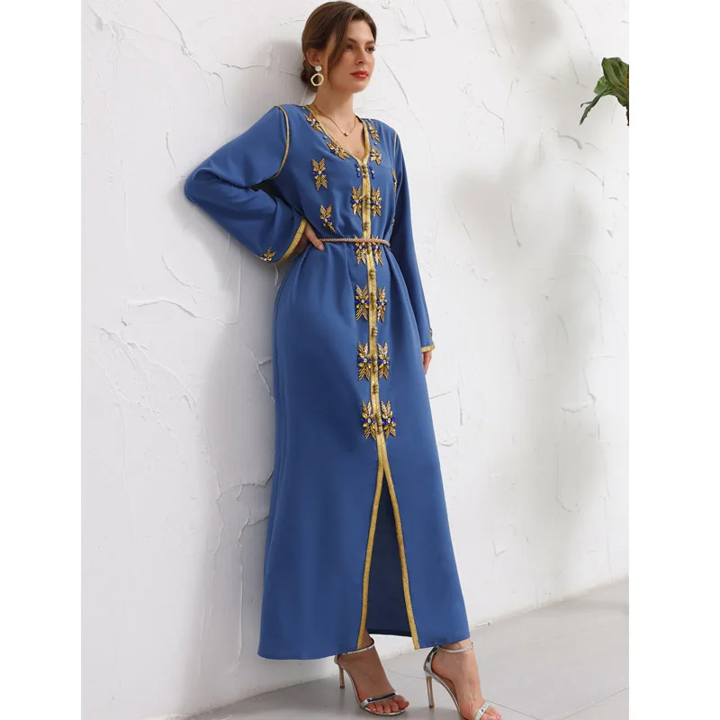 

Blue Moroccan Caftan Chiffon Evening Dresses Long Hand-sewn Golden Pipes Crystal Arabic Muslim Prom Gowns for Women Party EV241