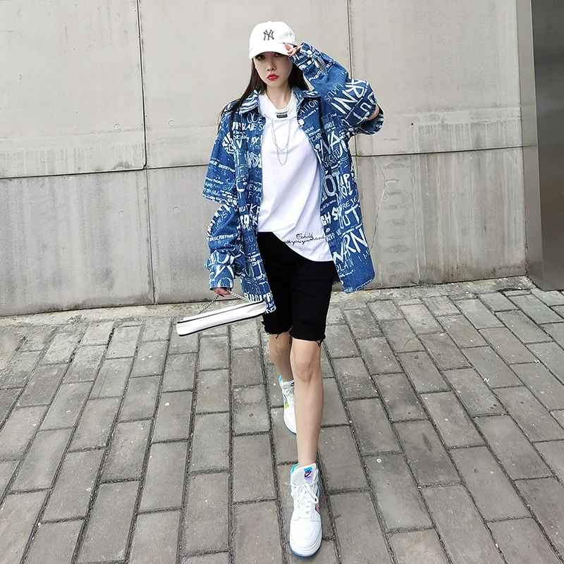 

Womens Letter Print Blouse Spring Fashion Loose Detachable Long Sleeves Single-Breasted Ladies Denim Shirts Casual Tops Bluzki