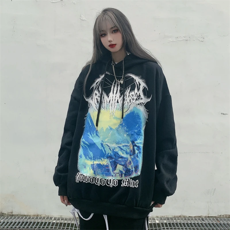 

Print Streetwear Black Tops Girl White Gothic Oversized Hoodie Womens Couple High Street Sweatshirts Clothes