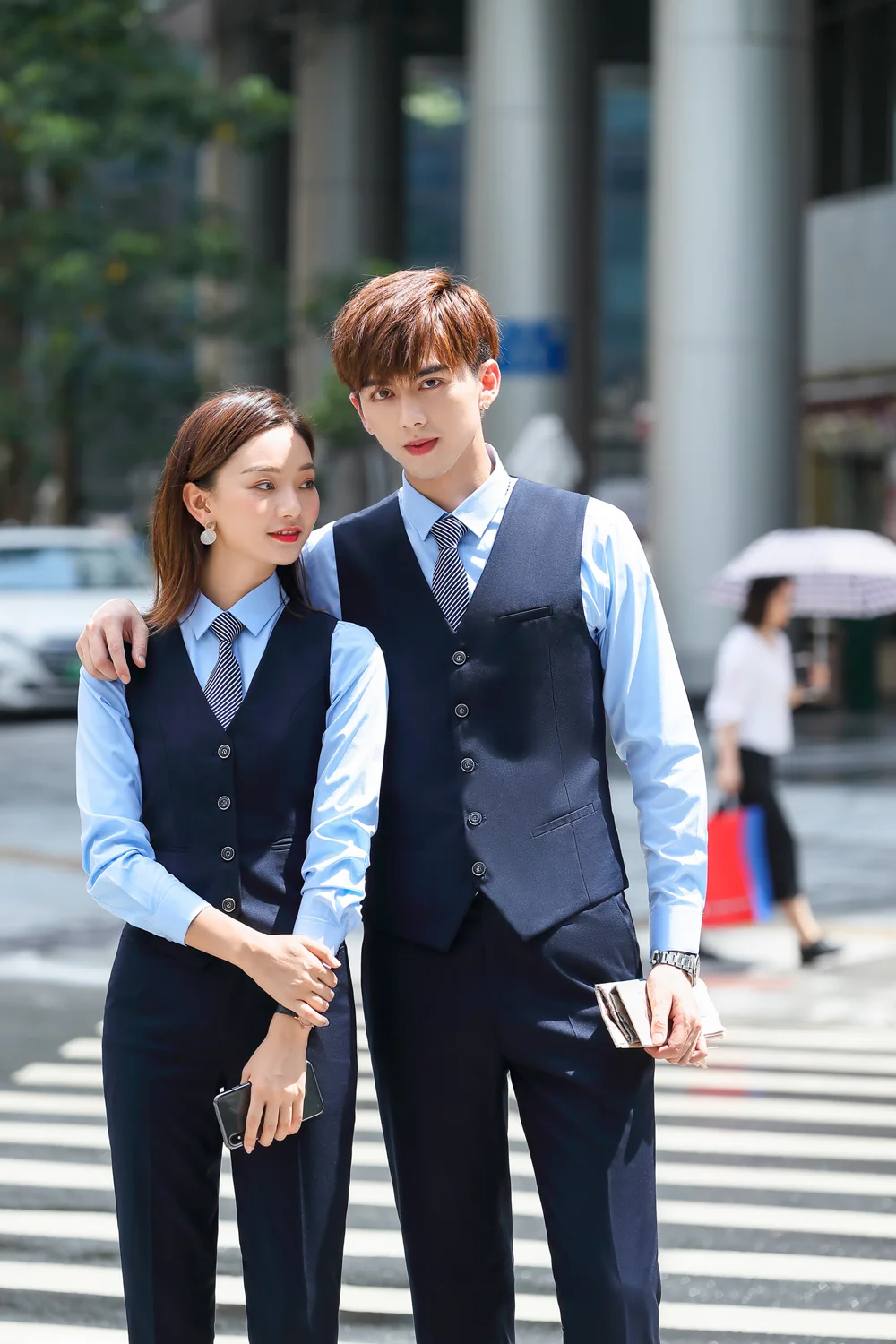 IZICFLY Autumn Office Ladies Uniform New Style Dark Blue Business Colleague Lovers Couple Men Women Suits With Pant Work Wear