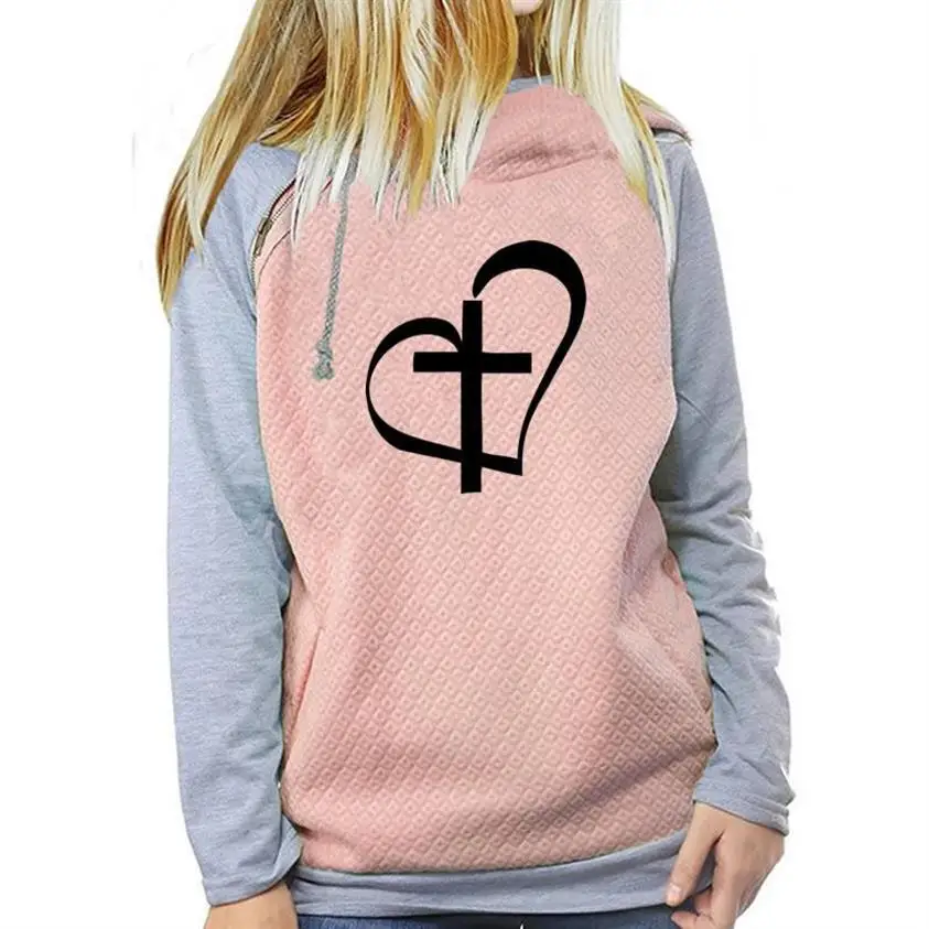 

Zipper Decoration Jesus Bible Faith Hoodies For Women Cross Print Women's Sweatshirt Femmes Cotton Tops Hoody Loose Girls Thick