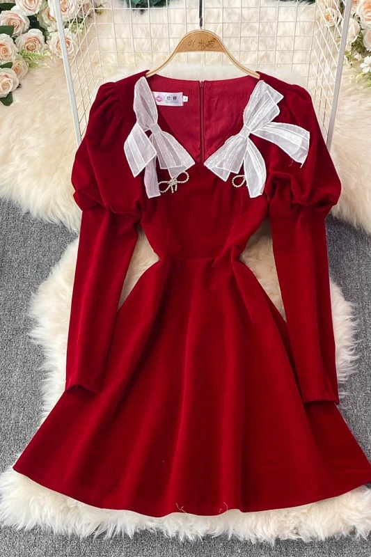 Christmas elegant square-necked gold velvet puff sleeve dress women Winter waist temperament bowknot a-line mini vestido | Женская