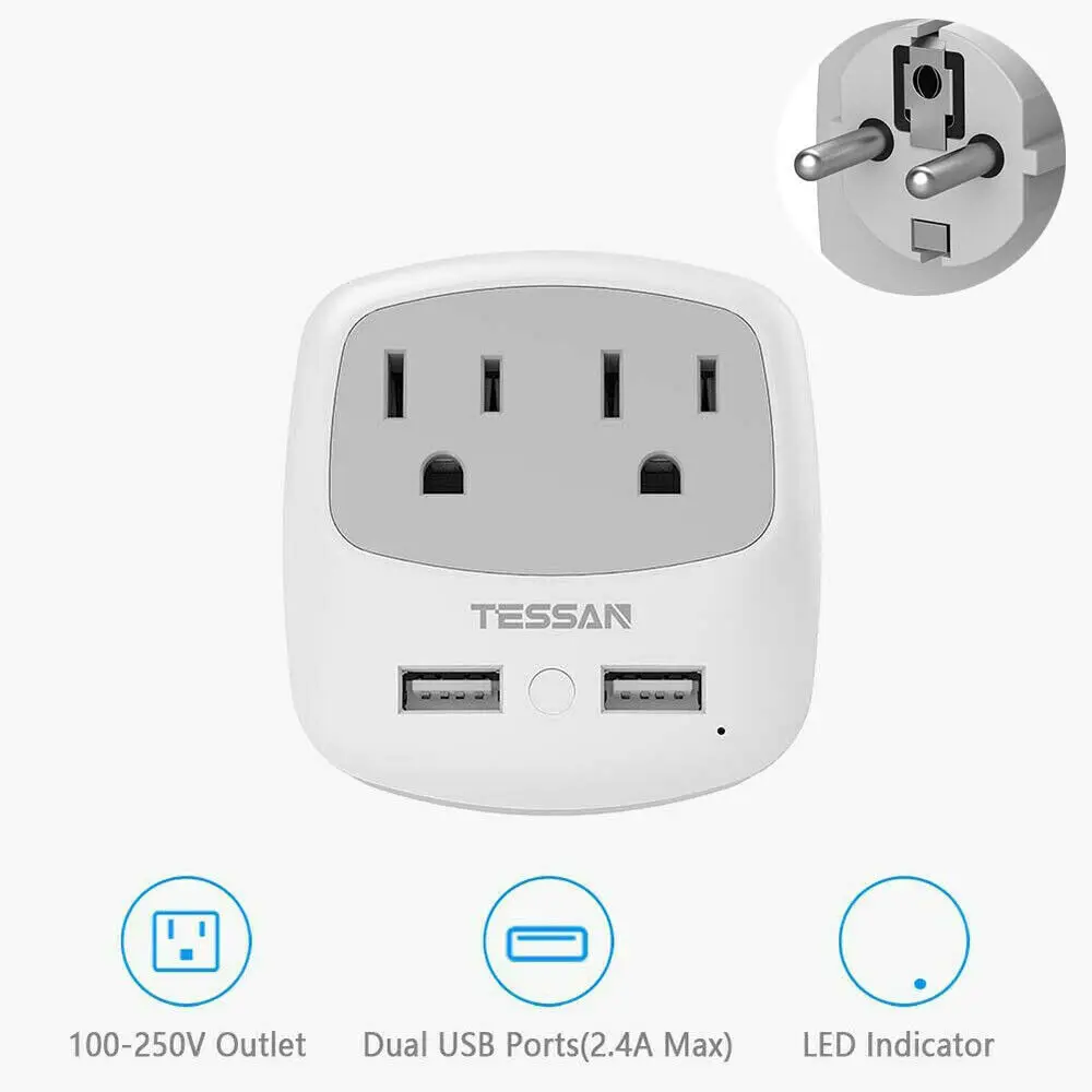 

TESSAN USA to Europe Spain Russia Korea German French Schuko Plug Travel Power Adapter with 2 USB Ports 2 AC Outlets -Type E/F