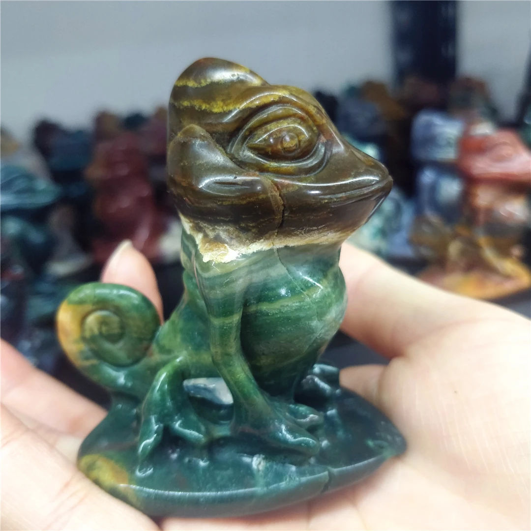 

Natural Colorful Ocean Jasper Minerals Carved Chameleon Animal Figurine Handcraft Crystal Stone Charm Ornaments Decorate Statue
