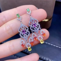 luxurious big tassels s925 silver natural multicolor sapphire drop earrings natural gemstone women birthday party gift jewelry