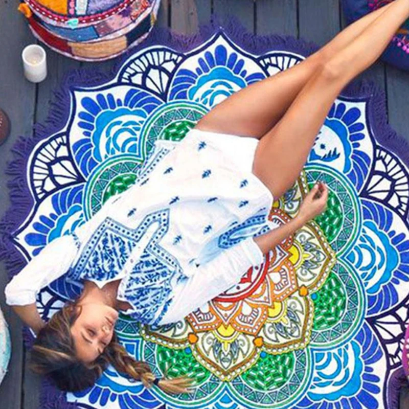 WomenSoft Sunbath Round Beach Towels Sun bath Bohemian Style Print Ball Tassel Blanket Yoga Mat Dress Bath Towel | Дом и сад
