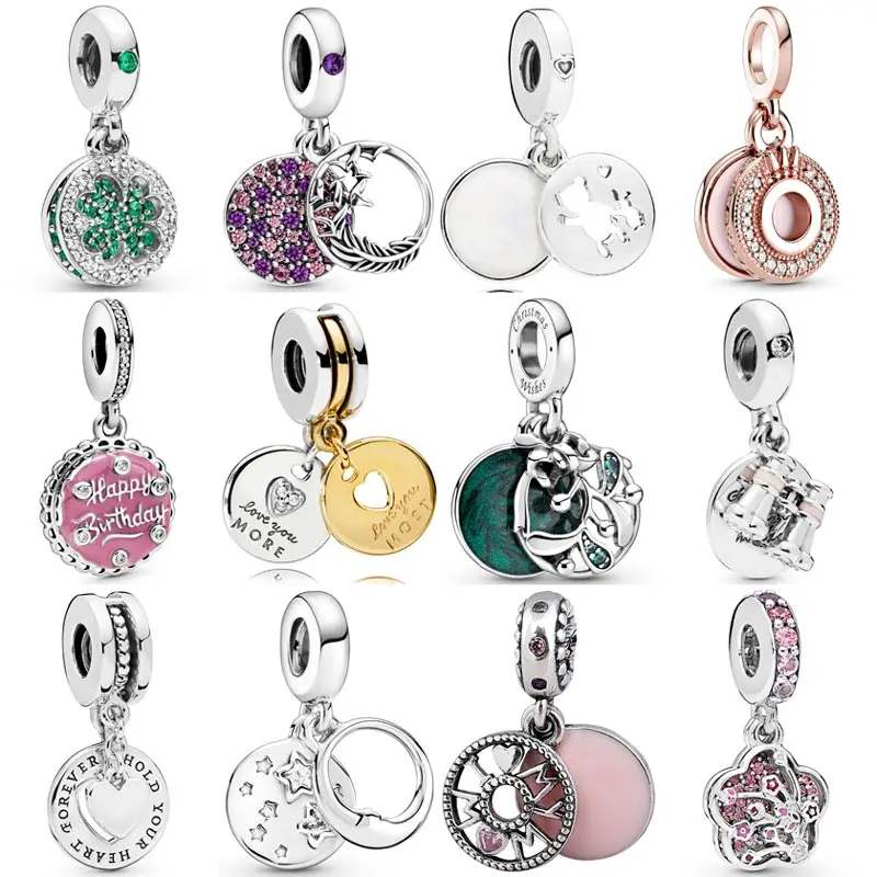 

Оригинальный кулон из стерлингового серебра 925 пробы, розовый торт на день рождения, сверкающий клевер, перо, бусина, шарм, подходит для попу...