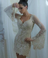 short champagne lace cocktail dresses with long flare sleeve fitted mini party dress sexy illusion sheer homecoming gowns