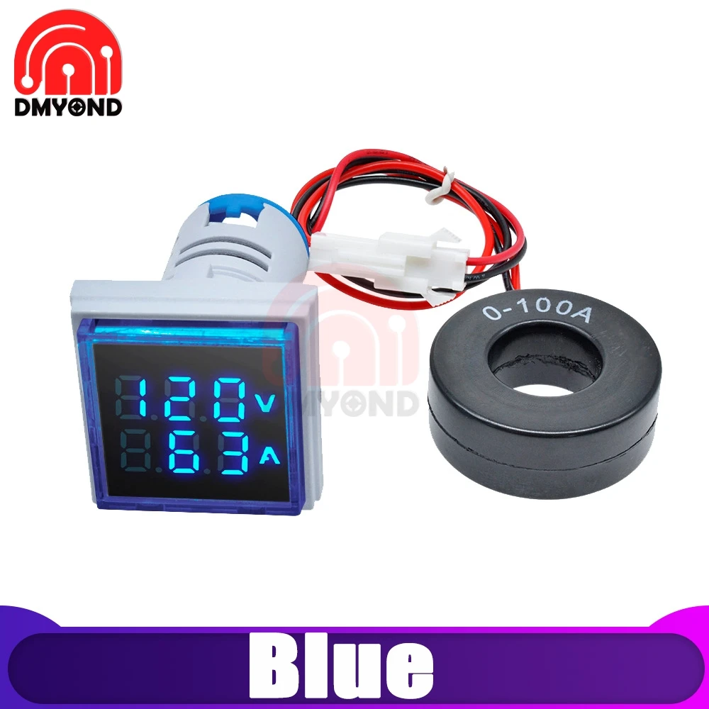 Voltammeter Blue 22 мм квадратный светодиодный цифровой амперметр переменного тока 0A-100A 50 в-500 В Ампер Вольт измеритель напряжения вольтамметр индикатор пилотный светильник - Цвет: Voltammeter Blue