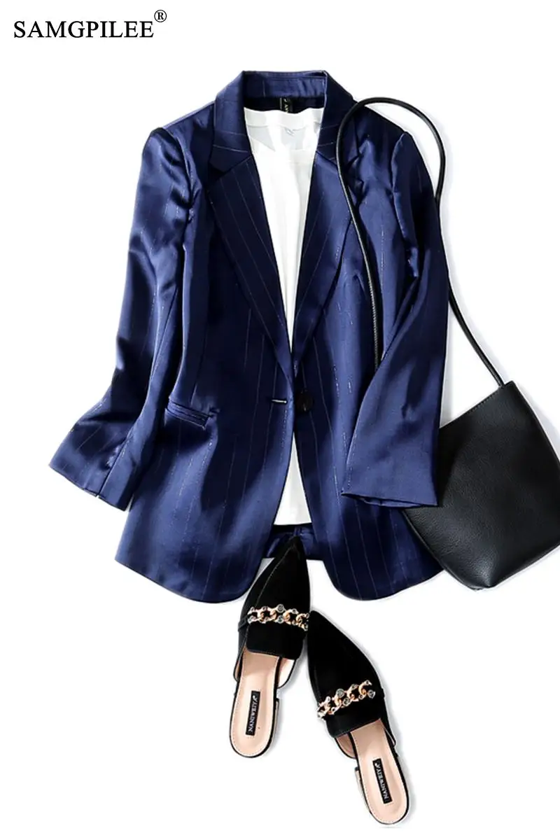 

Blazers For Women 2021 Three Quarter Sleeve Striped Coat Women Autumn Single Button Notched Collar Casual Jacket Winter Womens