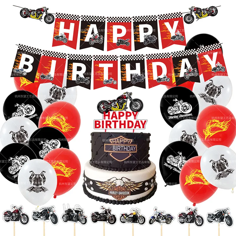 

46Pcs/set Motorcycle Themed Party Decorations Birthday Balloons Cake Toppers Happy Birthday Banner for Birthday Party Air Globos