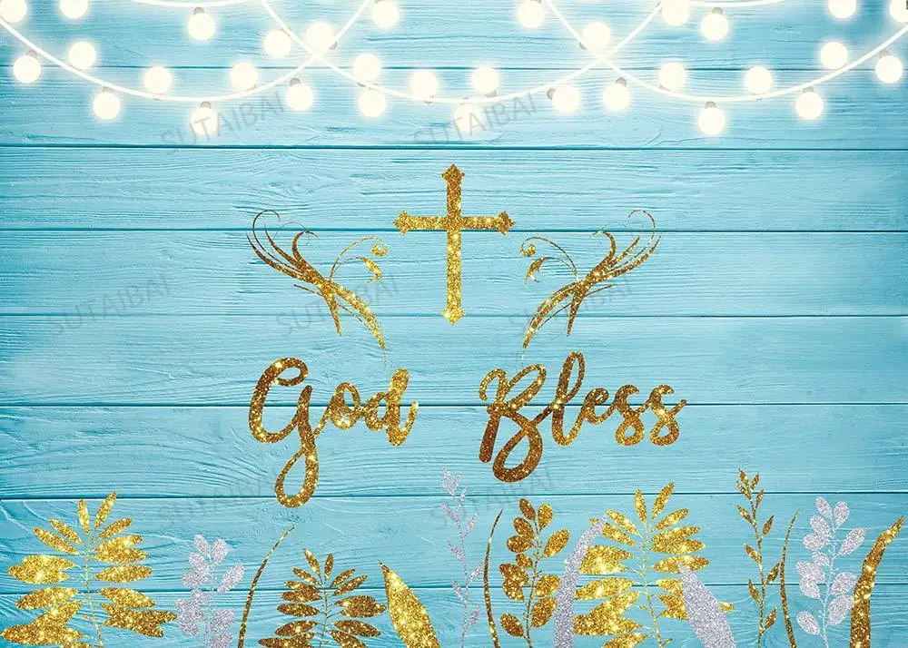 

Mi Baptism Party Rustic Blue Wood Backdrop God Bless Gold Leaves Boys First Holy Communion Baby Shower Photography Background