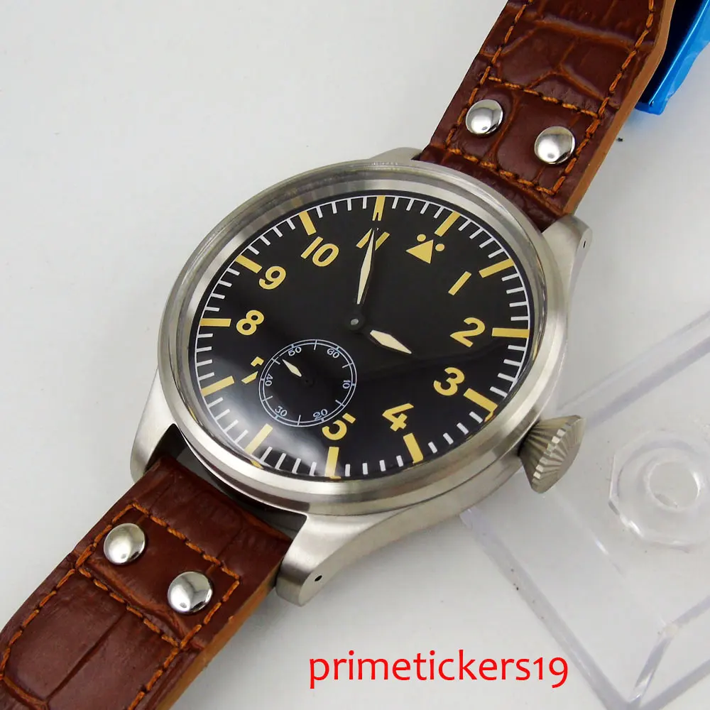 Мужские часы с ручным заводом 55 мм желтые цифры светящиеся 6498 кофейный кожаный