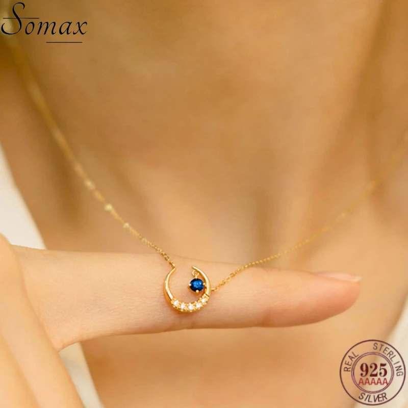 

925 Sterling Silver 14K Gold-plated Moon Sapphire Necklace Female Simple Temperament Wild Pendant Clavicle Chain Wedding Jewelry