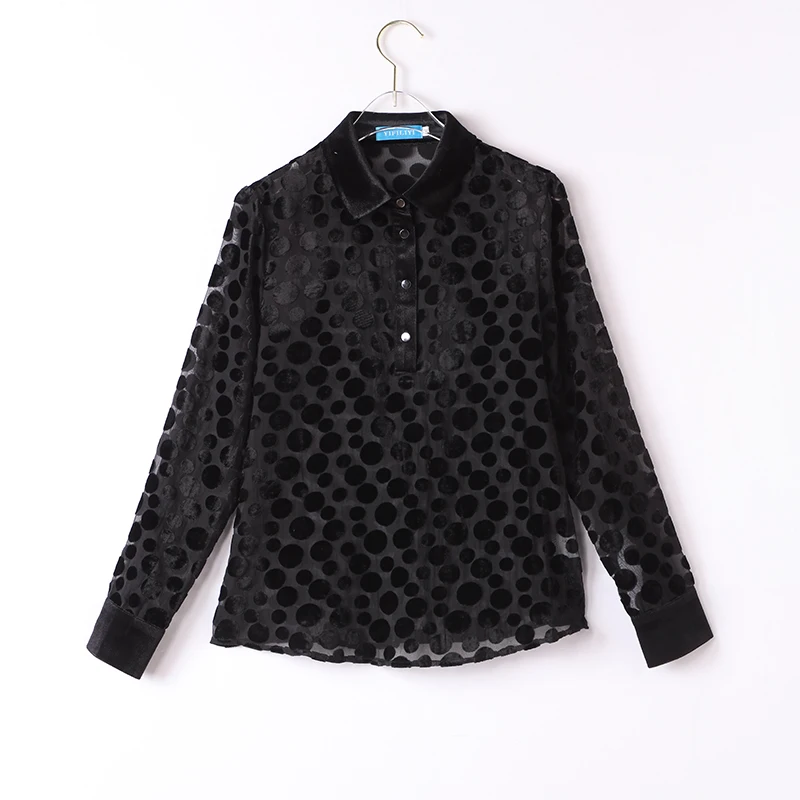 

Sheer Polka Dot Shirts For Women Lace Transparent Turn Down Collar Blouses Tops 2021 Spring Autumn High Quality T11901X