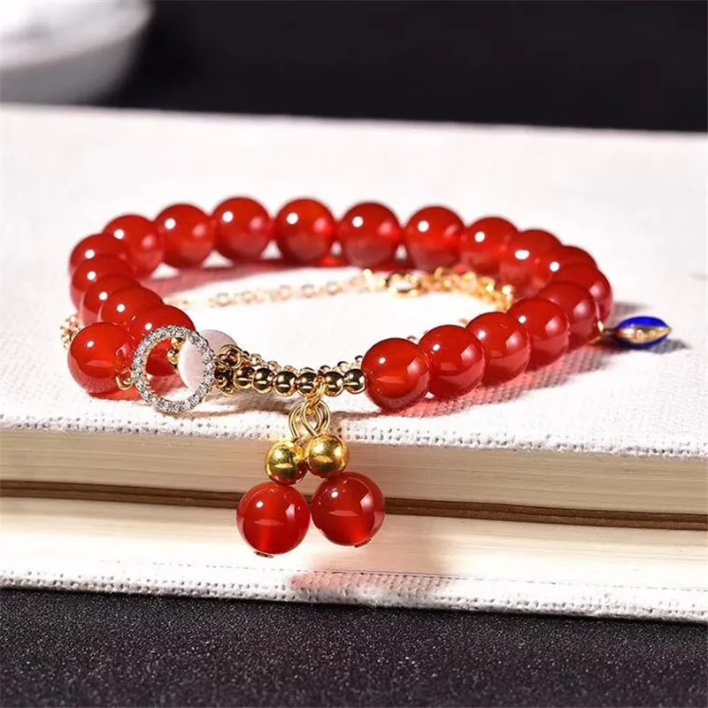 

Аксессуар из серебра 925 пробы натуральный красный агат 8 мм круглые бусины Эластичный двухслойный браслет женские ювелирные изделия