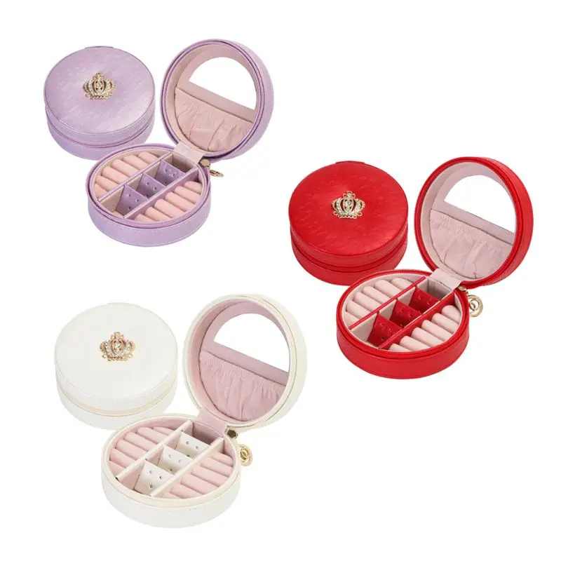 

Jewelry Storage Box Round Zipper Organizer Ring Earrings Ear Stud Necklace Bracelet Pocket Mirror Crown Decoration Faux Leather