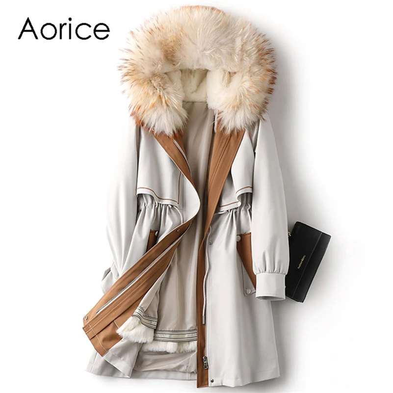 

Aorice Women Real Fox Fur Collar Coat Jacket Female Rex Rabbit Liner Long Parka Trench A41602