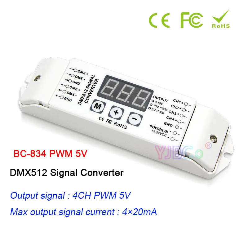 

BC-834 0-10V/PWM 5V/PWM 10V DMX512 Signal Converter 4CH DMX512/1990 signal to 0-10V signal/PWM 10V /PWM 5V signal Dimmer 12V-24V