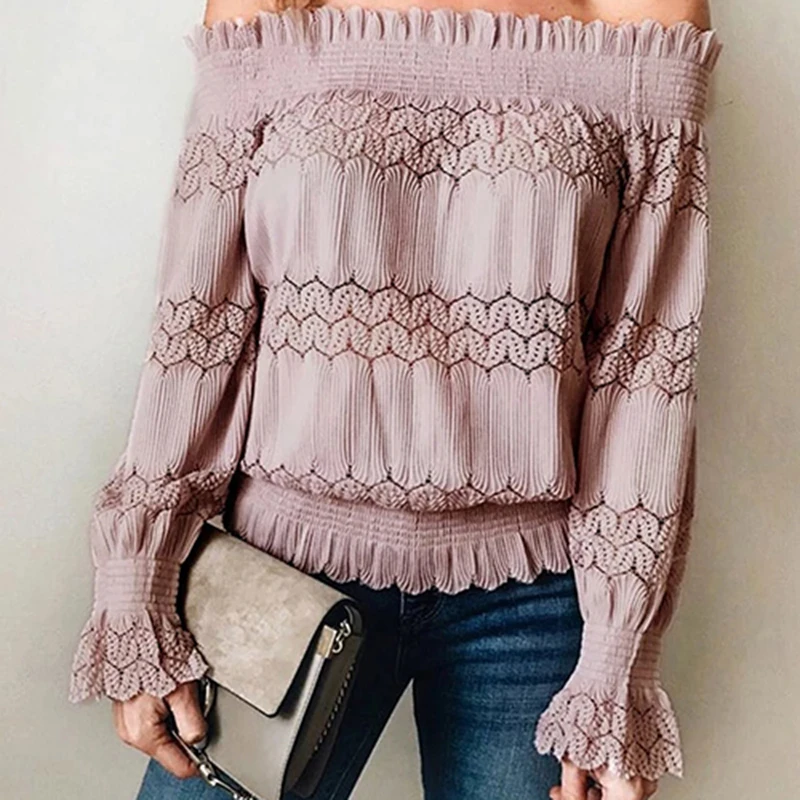 Fashion spring lace blouses women slim slash neck shirt sexy long sleeve work office tops Off Shoulder new summer female clothes |