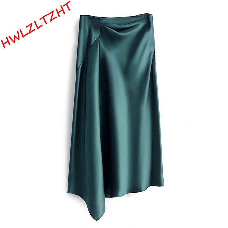 

New Irregular Satin Half Skirt Spring Women High Waist Long Mid-Calf Skirt Autumn Ladies Elegant Side Zipper Casual Half Skirts
