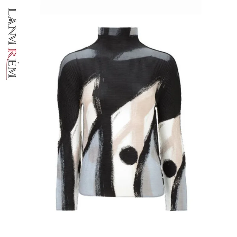 

LANMREM Women's 2022 Spring Pleated T-shirts Stand Collar Long Sleeve Slim Fashion Casual Tops Half High Collar Elastic