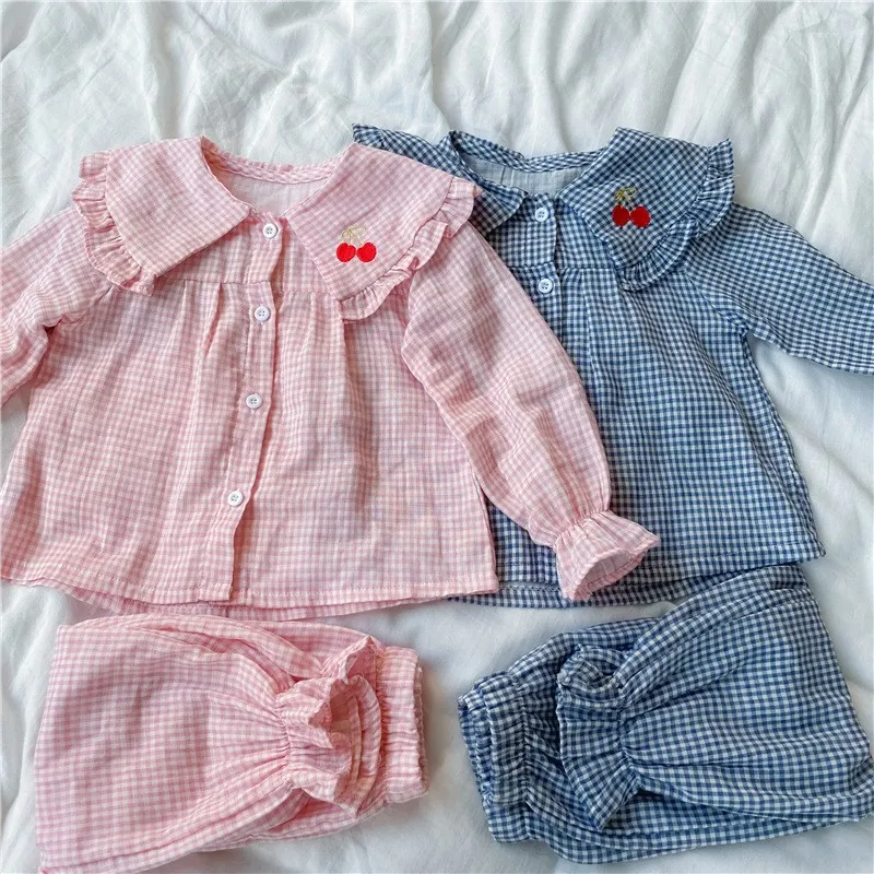 Korean Plaid Baby Girl Clothes set Long Pants Long-sleeved Home Service suit Cotton Kids Pajamas Children Sleepwear | Детская одежда и