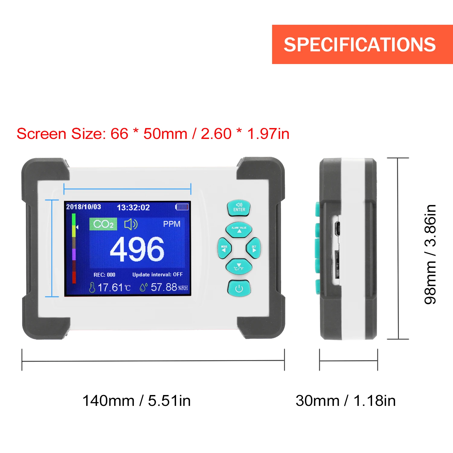 

Portable Carbon Dioxide Detector Useful CO2 Meter Humidity Temperature Tester / Switchable Air Quality Monitor w/ Storage Case