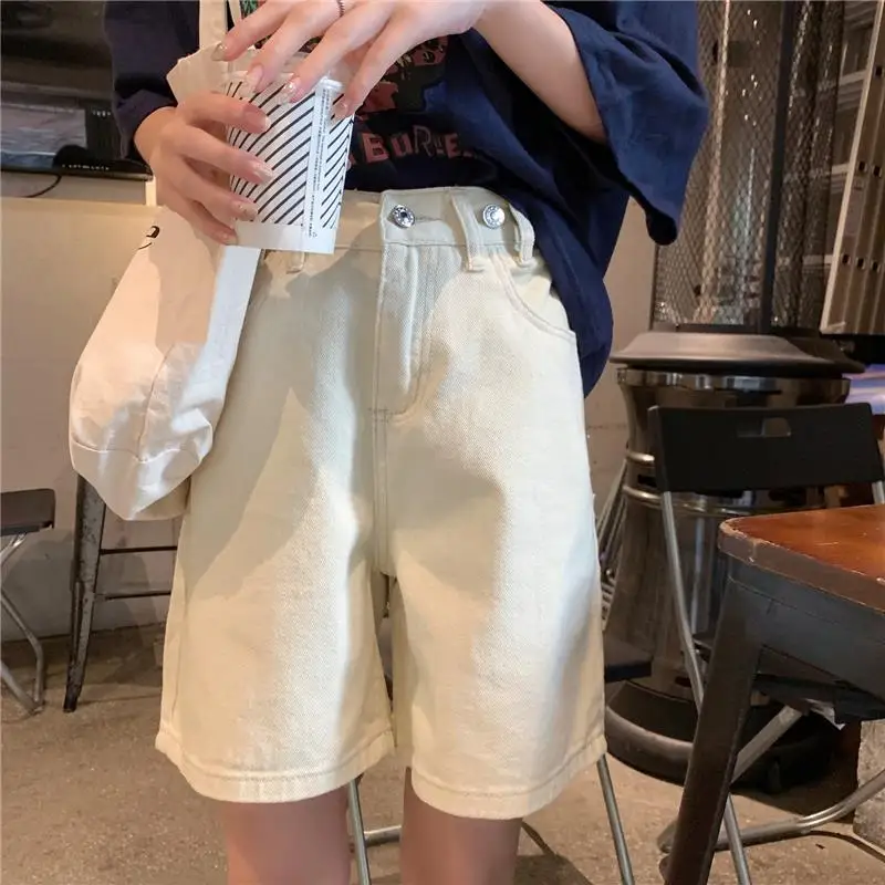 

Ins denim shorts women's summer new student Korean loose high waist slim versatile straight wide leg 5-point pants