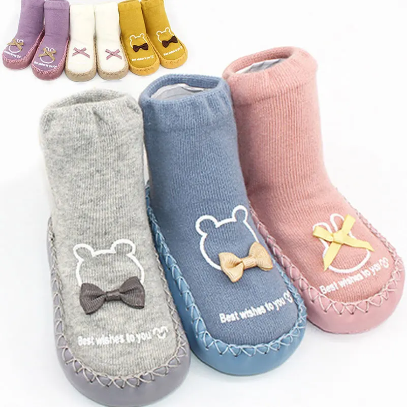 

3-Pairs Fashion Bowknot Baby Socks W Rubber Soles Infant Sock Newborn Autumn Winter Children Floor Shoes Anti Slip Soft Sole