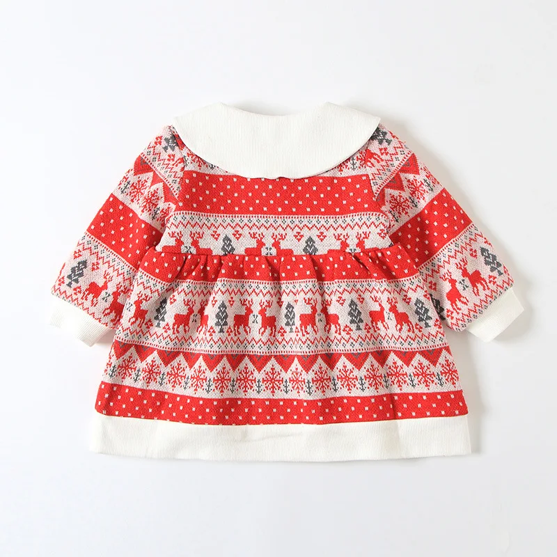 weLaken Girls Dresses Boutique Christmas Costume For Toddler Kids Peter Pan Collar Long Sleeve Pattern Dress | Детская одежда и