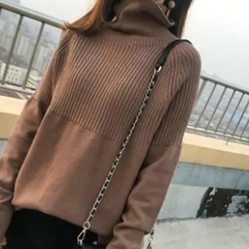 

8011 Winter Women Turtleneck Sweater Solid Color Elegant Patchwork Versatile Knitwear Office Lady Basic Thicken Warm Pullovers