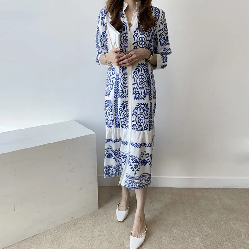 Женское винтажное платье рубашка средней длины Элегантное однобортное