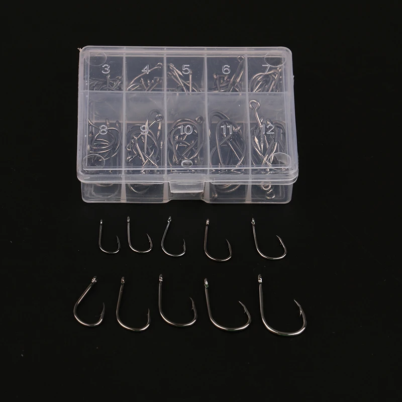 

Marbit 100pcs/Set Mixed Size #3~12 High Carbon Steel Carp Fishing Hooks Pack With Hole With Retail Original Box Jigging Bait