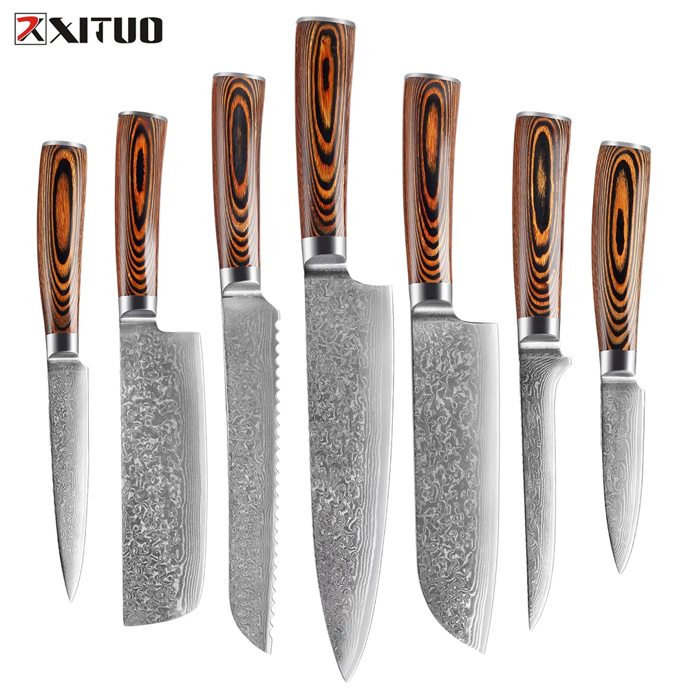 

XITUO 1-7PCS Kitchen Knives Set VG10 Damascus Stainless Steel Wood Handle Chef Santoku Boning Nakiri Slicing Paring Bread Knife