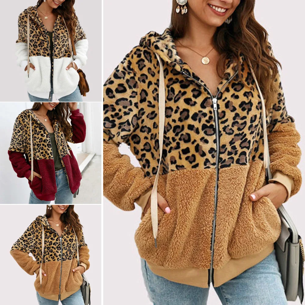 

Women Tops Long Sleeve Hooded Autumn Warm Jacket Outwear Casual Fashion Leopard Print Color Block Coat Patchwork Jacket