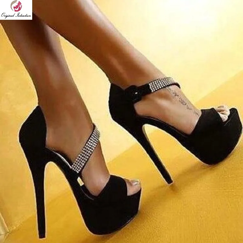 

Original Intention Stylish Women Sandals Nice Open Toe Thin Heels Sandals Fashion Rhinestone Black Shoes Woman Plus Size 4-20