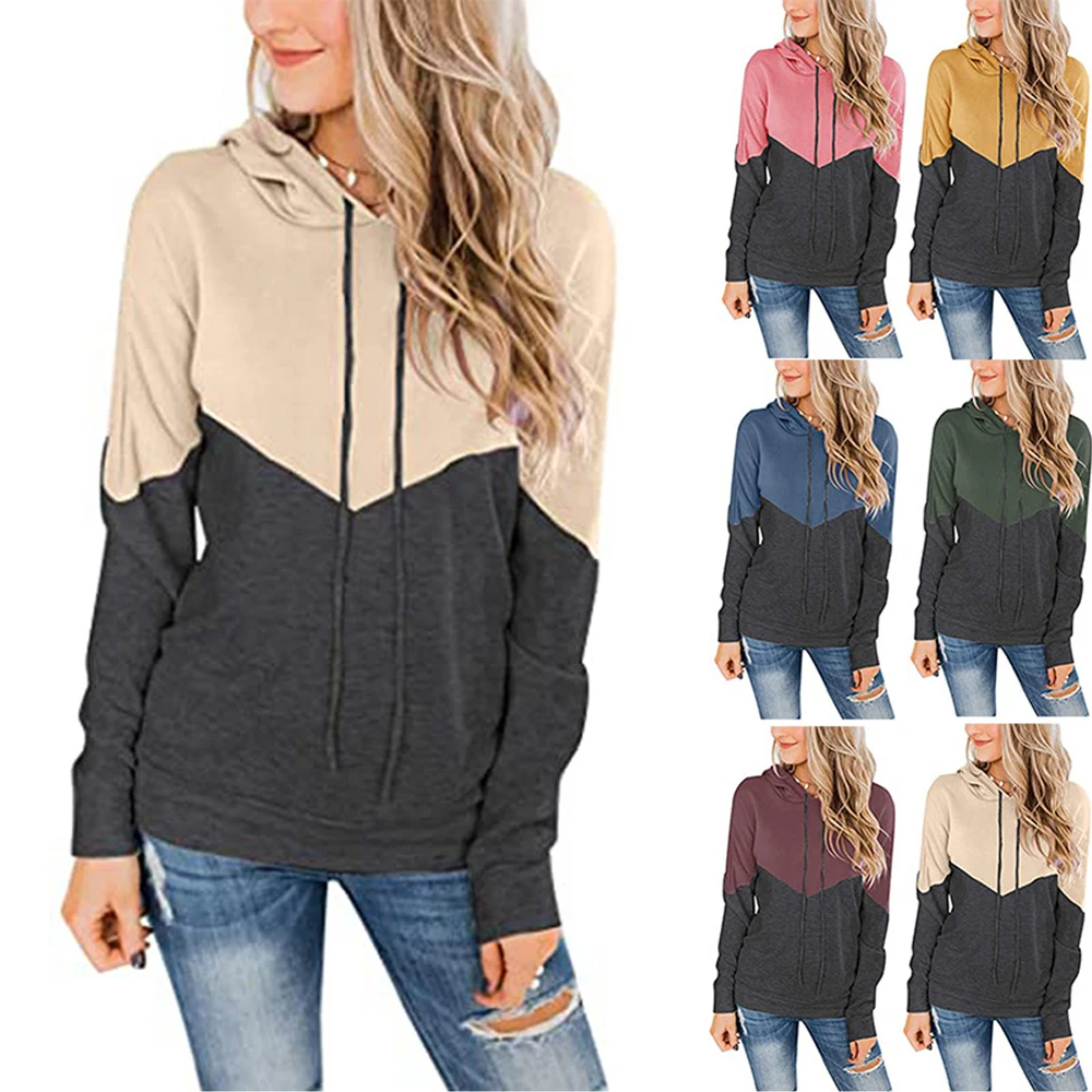 

2021 Autumn Patchwork Hooded Sweatshirt Women Color Contrast Print Harajuku Drawstring Sports Hoodie Casual Long Sleeve Pullover