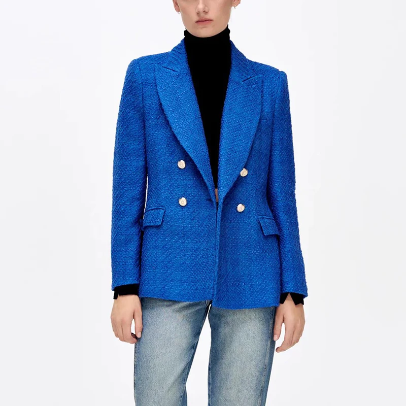 

2021 Women Fashion Tweed Double Breasted Blazer Coat Vintage Long Sleeve Flap Pockets Female Outerwear Chic Tops BB4213