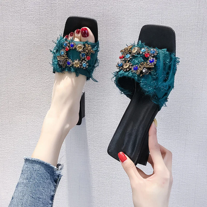 

Summer Medium Thick with Open-toed Square Head Colorful Rhinestone Edging Slippers Female Large Size Outdoor Light Breathable